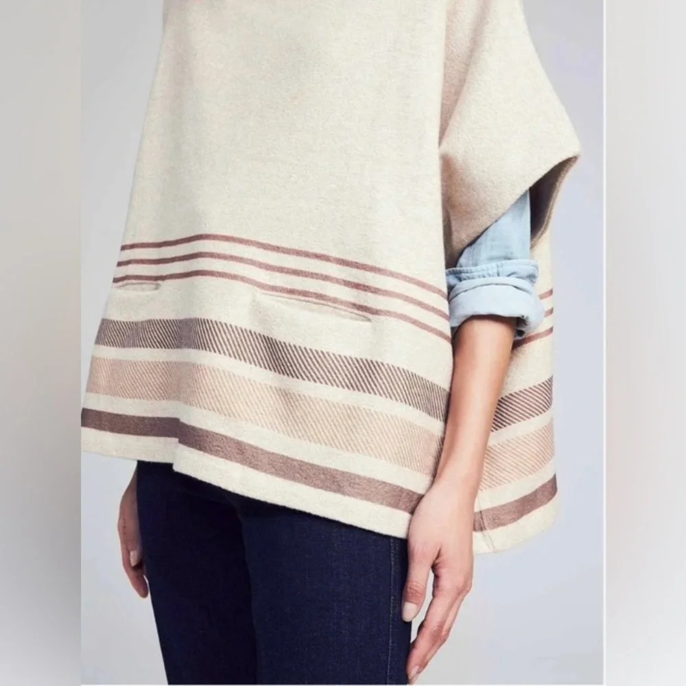 Faherty Park City Oversized Poncho Sweater XS/S Cream Brown Wool Blend Boho Chic - Picture 2 of 7